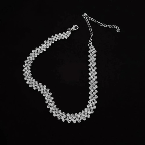 925 Sterling Silver Diamond Rhinestone Choker Necklace Statement Necklace - Picture 4 of 5